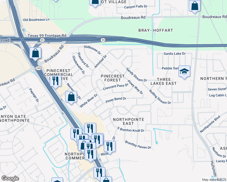 map of restaurants, bars, coffee shops, grocery stores, and more near 12039 Lucky Meadow Drive in Tomball