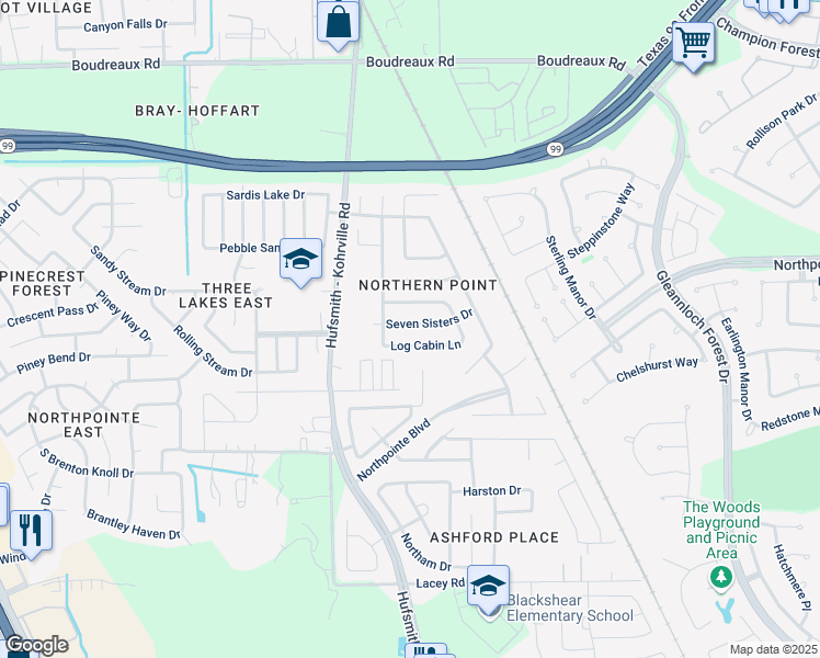 map of restaurants, bars, coffee shops, grocery stores, and more near 11411 7 Sisters Drive in Tomball