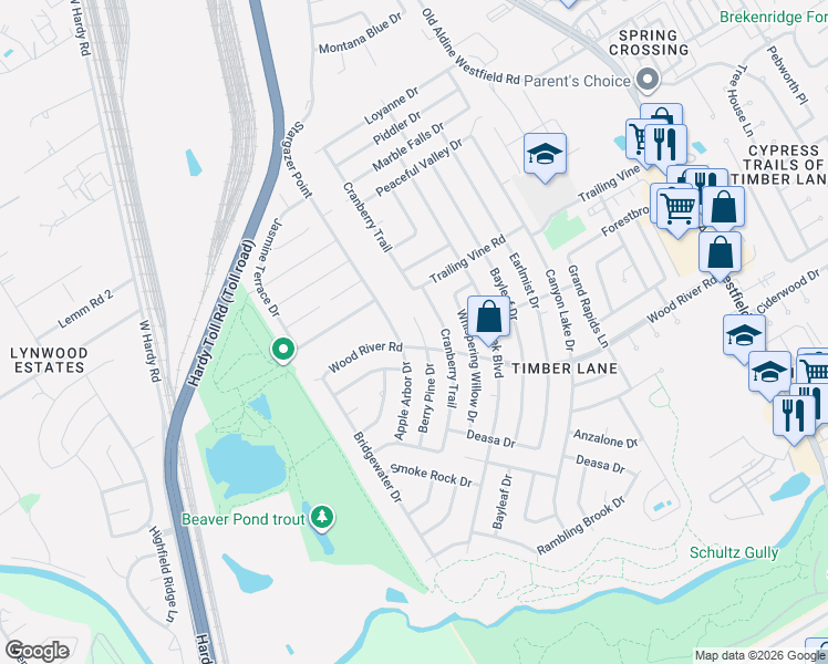 map of restaurants, bars, coffee shops, grocery stores, and more near 23070 Apple Arbor Drive in Spring