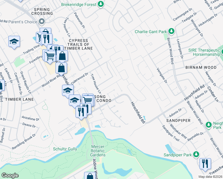 map of restaurants, bars, coffee shops, grocery stores, and more near 3217 Hirschfield Road in Spring