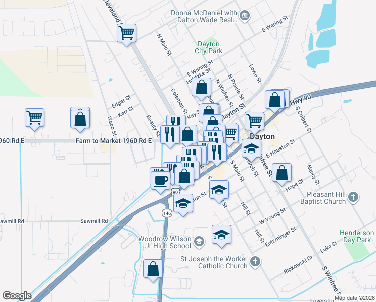 map of restaurants, bars, coffee shops, grocery stores, and more near 403 West Clayton Street in Dayton