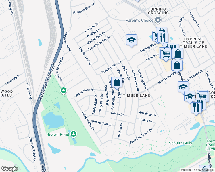 map of restaurants, bars, coffee shops, grocery stores, and more near 23202 Cranberry Trail in Spring