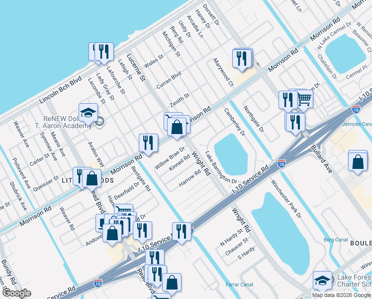 map of restaurants, bars, coffee shops, grocery stores, and more near 11030 Kinneil Road in New Orleans