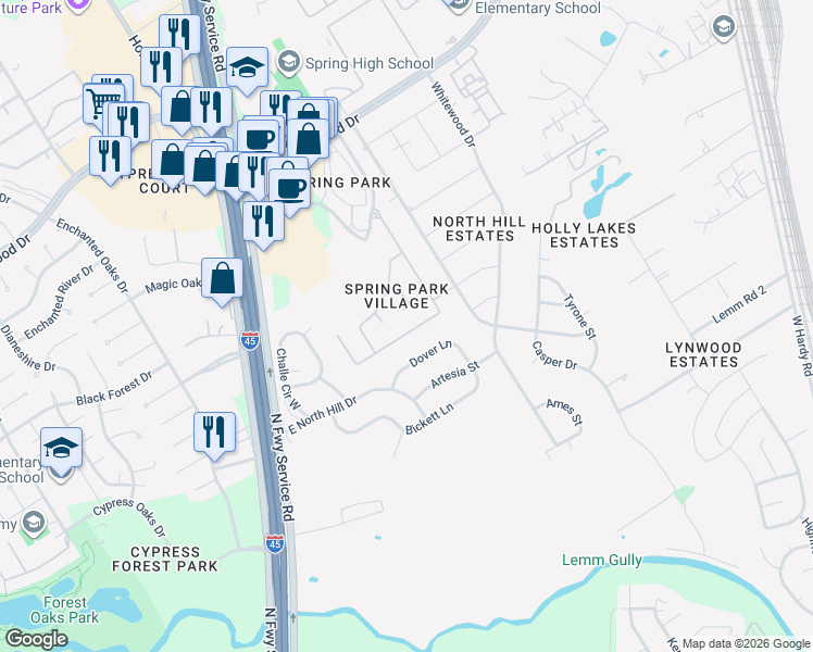 map of restaurants, bars, coffee shops, grocery stores, and more near 327 Wild Bird Drive in Spring