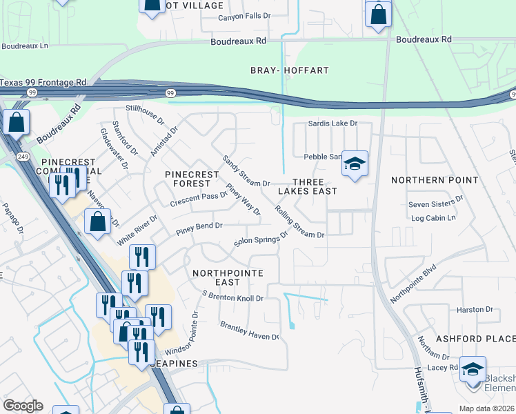 map of restaurants, bars, coffee shops, grocery stores, and more near 18926 Piney Way Drive in Tomball