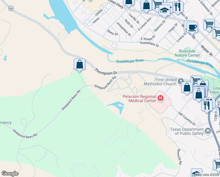 map of restaurants, bars, coffee shops, grocery stores, and more near Pecan Drive South in Kerrville