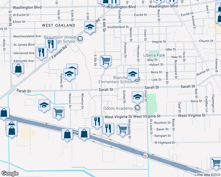 map of restaurants, bars, coffee shops, grocery stores, and more near 2875 Sarah Street in Beaumont