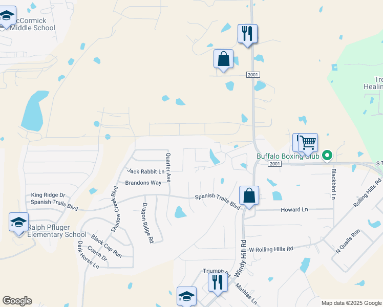 map of restaurants, bars, coffee shops, grocery stores, and more near 458 Jack Rabbit Lane in Buda