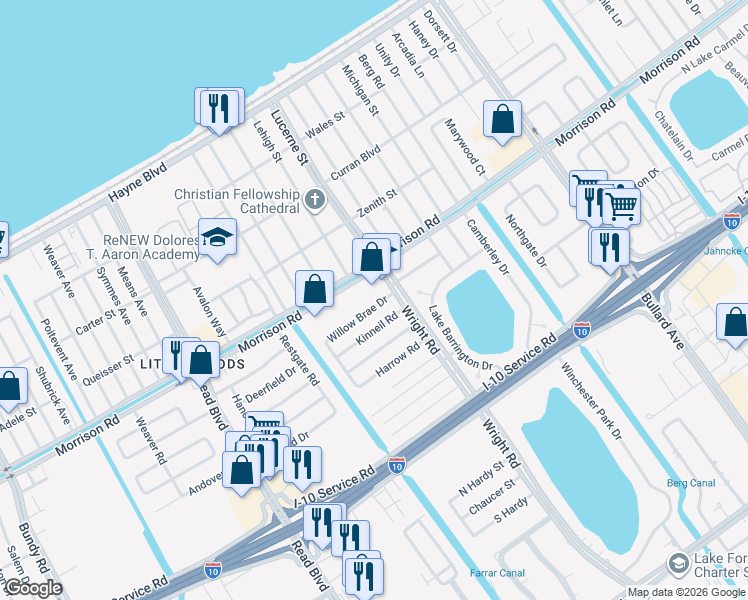 map of restaurants, bars, coffee shops, grocery stores, and more near 10910 Willow Brae Drive in New Orleans