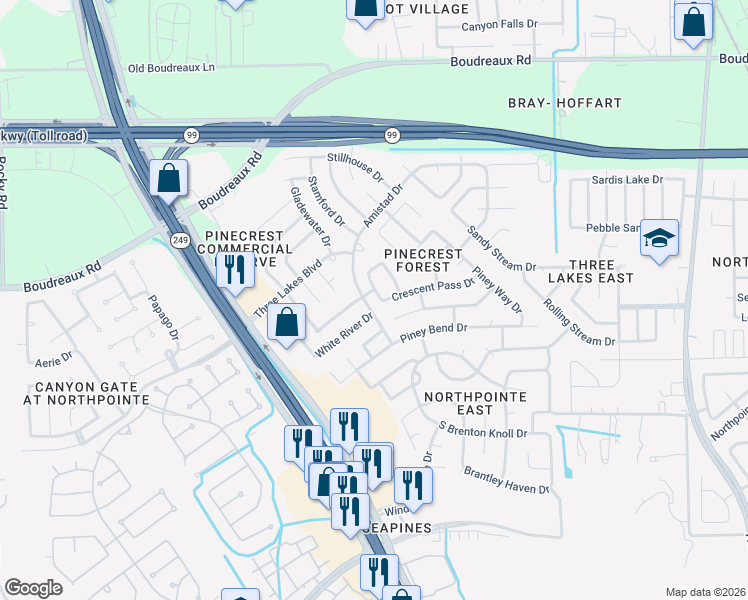 map of restaurants, bars, coffee shops, grocery stores, and more near 12130 Lucky Meadow Drive in Tomball