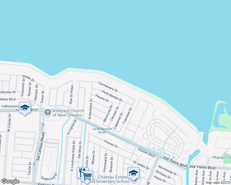 map of restaurants, bars, coffee shops, grocery stores, and more near 700 Petit Berdot Drive in Kenner