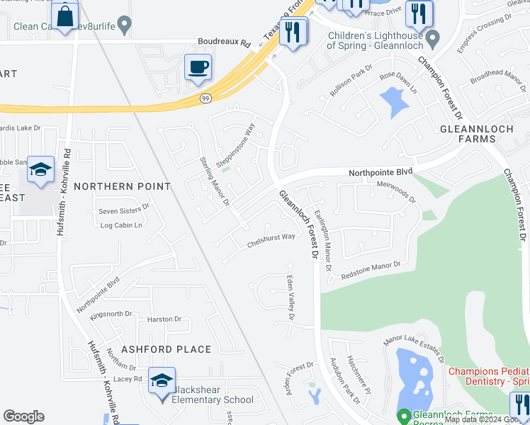 map of restaurants, bars, coffee shops, grocery stores, and more near 1314 Wealden Forest Drive in Spring