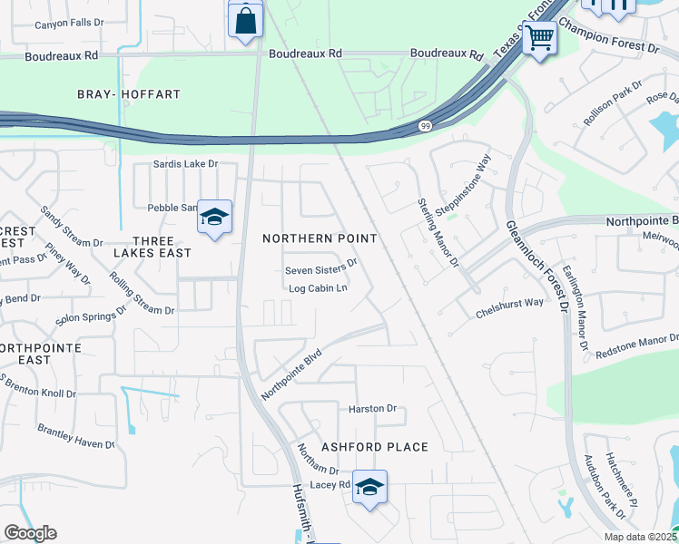 map of restaurants, bars, coffee shops, grocery stores, and more near 11243 Log Cabin Lane in Tomball