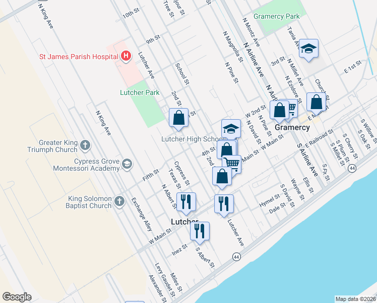 map of restaurants, bars, coffee shops, grocery stores, and more near 2397 Louisiana Avenue in Lutcher