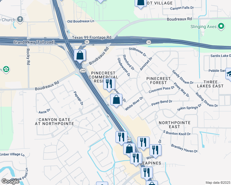 map of restaurants, bars, coffee shops, grocery stores, and more near 19318 Twin Buttes Drive in Tomball
