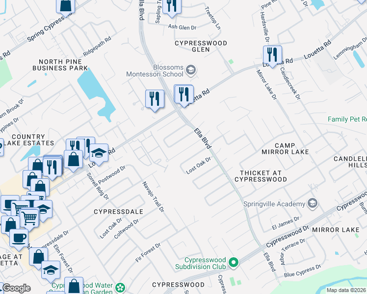map of restaurants, bars, coffee shops, grocery stores, and more near 3643 Cypressdale Drive in Spring