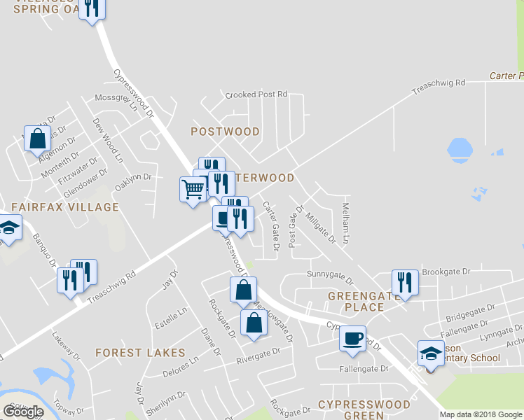 map of restaurants, bars, coffee shops, grocery stores, and more near 5835 Flower Gate Drive in Spring