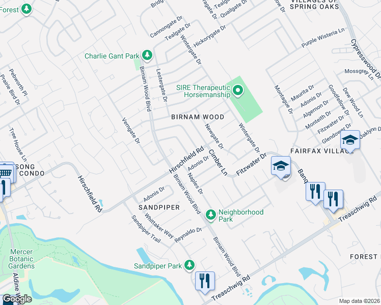 map of restaurants, bars, coffee shops, grocery stores, and more near 4411 Adonis Drive in Spring
