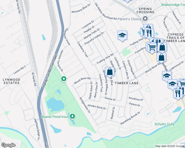 map of restaurants, bars, coffee shops, grocery stores, and more near 23070 Apple Arbor Drive in Spring