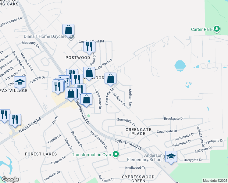 map of restaurants, bars, coffee shops, grocery stores, and more near 22842 Thadd's Trail in Spring