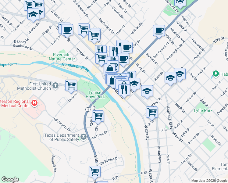 map of restaurants, bars, coffee shops, grocery stores, and more near 710 Water Street in Kerrville