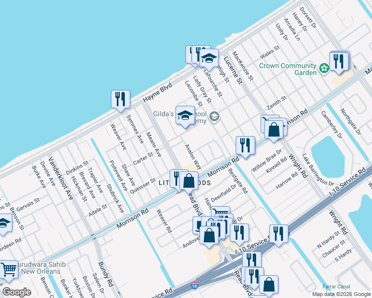 map of restaurants, bars, coffee shops, grocery stores, and more near 7673 Avalon Way in New Orleans