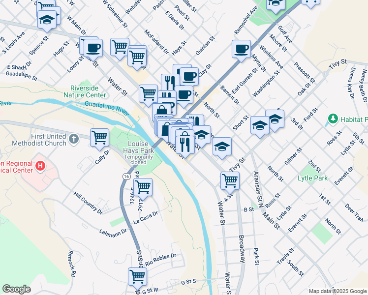 map of restaurants, bars, coffee shops, grocery stores, and more near 211 Earl Garrett Street in Kerrville