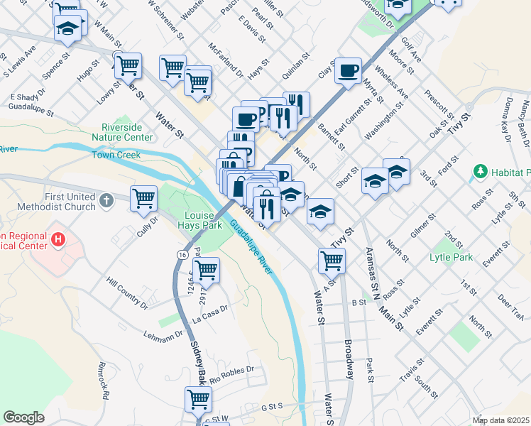 map of restaurants, bars, coffee shops, grocery stores, and more near 211 Earl Garrett Street in Kerrville