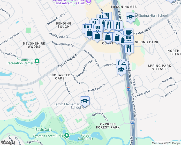 map of restaurants, bars, coffee shops, grocery stores, and more near 230 Magic Oaks Drive in Spring