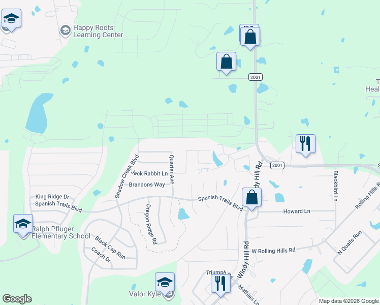 map of restaurants, bars, coffee shops, grocery stores, and more near 543 Jack Rabbit Lane in Buda