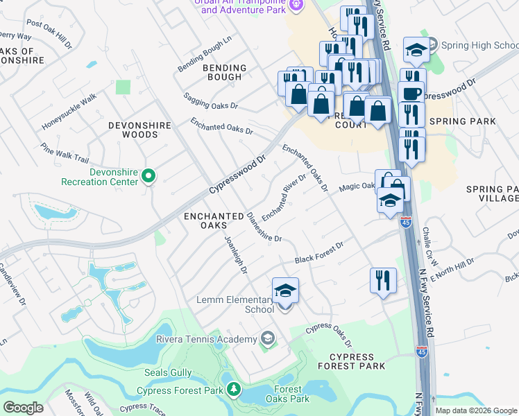 map of restaurants, bars, coffee shops, grocery stores, and more near 331 Enchanted Trail Drive in Spring