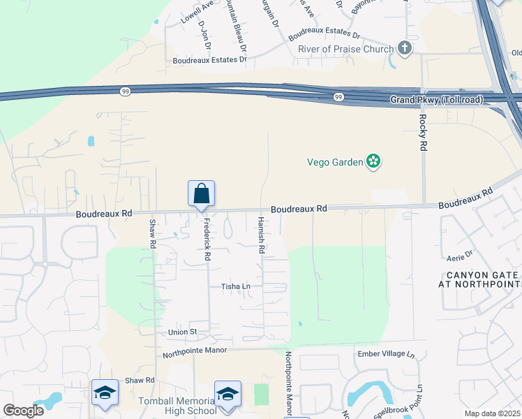 map of restaurants, bars, coffee shops, grocery stores, and more near 14218 Boudreaux Road in Tomball