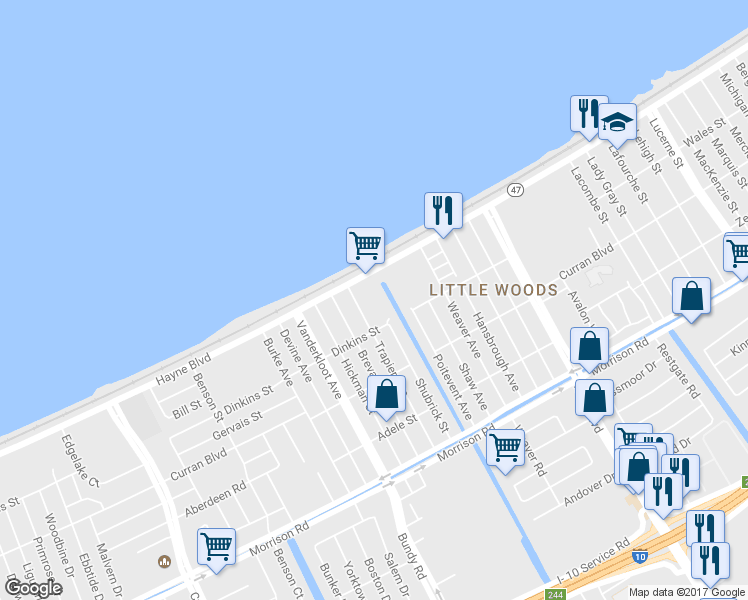 map of restaurants, bars, coffee shops, grocery stores, and more near 9510 Hayne Boulevard in New Orleans