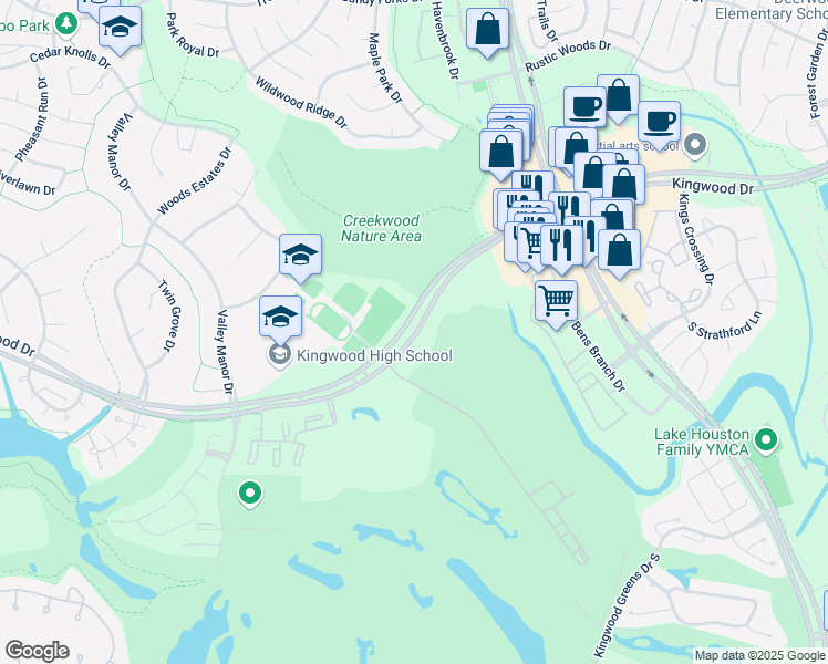 map of restaurants, bars, coffee shops, grocery stores, and more near 2727 Bens Branch Drive in Humble