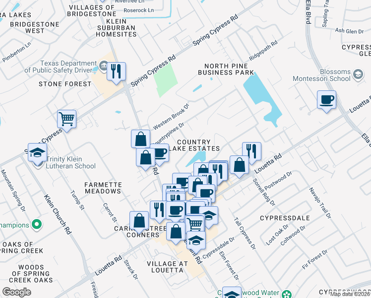 map of restaurants, bars, coffee shops, grocery stores, and more near 4530 Countrymeadows Drive in Spring