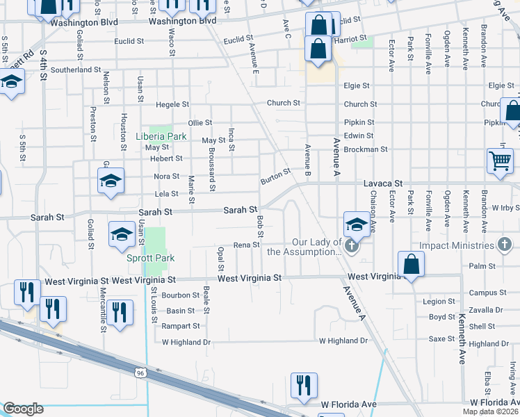 map of restaurants, bars, coffee shops, grocery stores, and more near 1798 Sarah Street in Beaumont