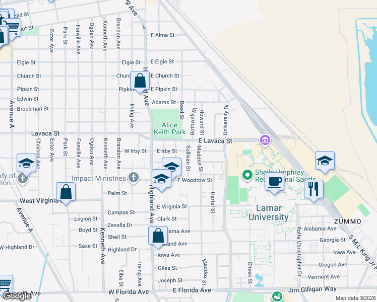 map of restaurants, bars, coffee shops, grocery stores, and more near 4201 Sullivan Street in Beaumont