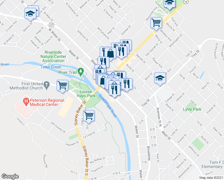 map of restaurants, bars, coffee shops, grocery stores, and more near 216 Earl Garrett Street in Kerrville