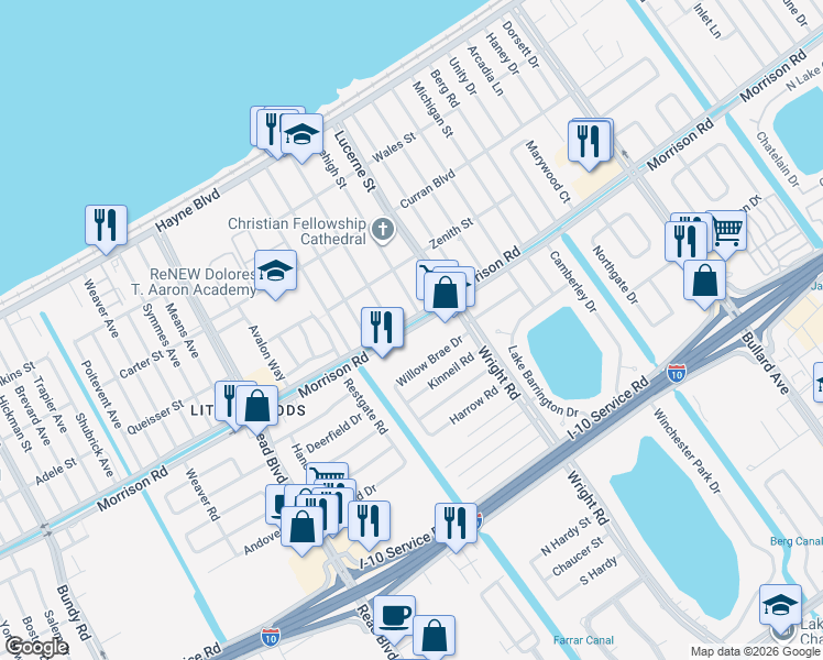 map of restaurants, bars, coffee shops, grocery stores, and more near 10917 Morrison Road in New Orleans
