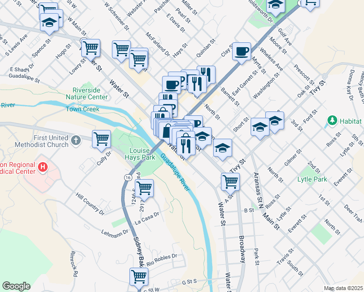 map of restaurants, bars, coffee shops, grocery stores, and more near 216 Earl Garrett Street in Kerrville