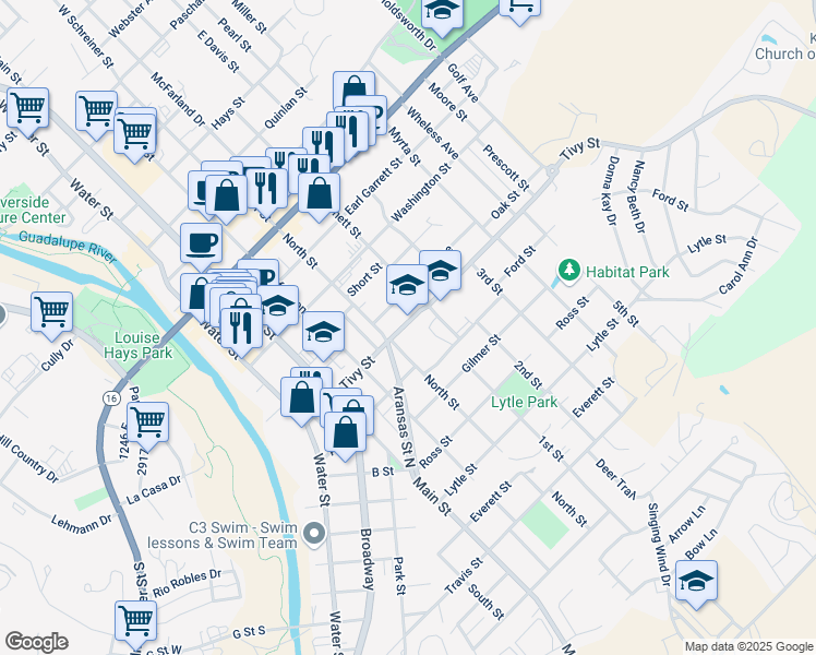 map of restaurants, bars, coffee shops, grocery stores, and more near 605 Tivy Street in Kerrville