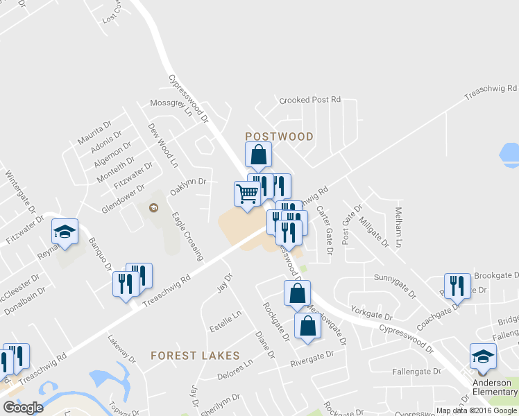 map of restaurants, bars, coffee shops, grocery stores, and more near 5673 Treaschwig Rd in Spring