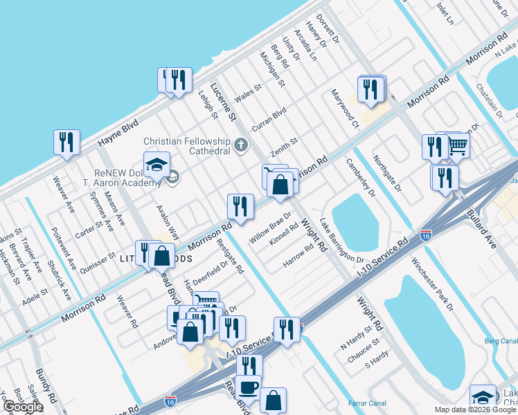 map of restaurants, bars, coffee shops, grocery stores, and more near 10917 Morrison Road in New Orleans
