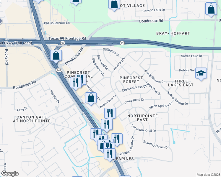 map of restaurants, bars, coffee shops, grocery stores, and more near 19311 Amistad Drive in Tomball