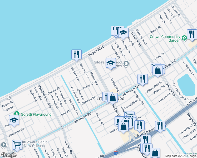 map of restaurants, bars, coffee shops, grocery stores, and more near 7700 Read Boulevard in New Orleans