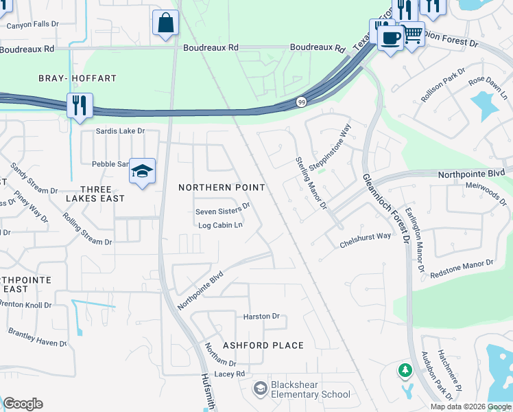 map of restaurants, bars, coffee shops, grocery stores, and more near 19506 Bold River Road in Tomball