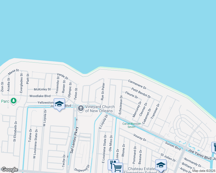 map of restaurants, bars, coffee shops, grocery stores, and more near 43 Rhine Drive in Kenner
