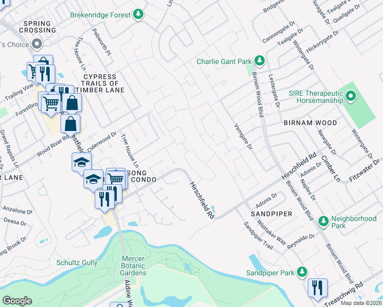 map of restaurants, bars, coffee shops, grocery stores, and more near 22606 Pebworth Place in Spring