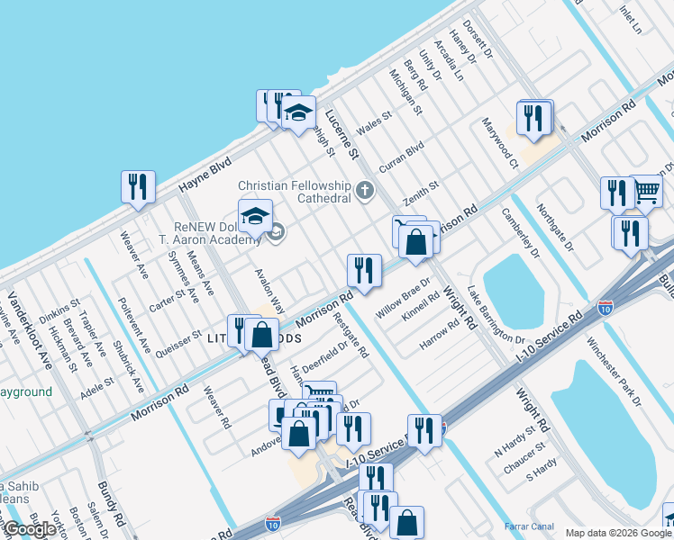 map of restaurants, bars, coffee shops, grocery stores, and more near 7543 Lady Gray Street in New Orleans