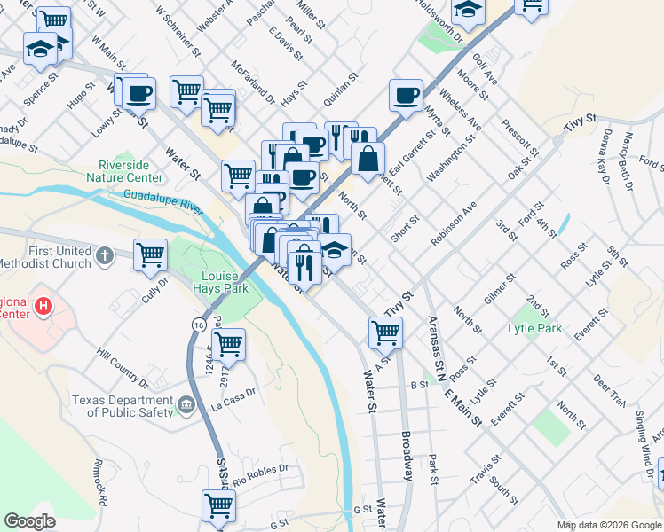 map of restaurants, bars, coffee shops, grocery stores, and more near 829 Jefferson St in Kerrville